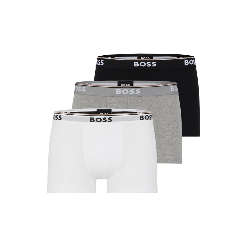 BOSS Men’s 3-Pack Stretch Cotton Regular Fit Trunks, White/Gray/Black, Small