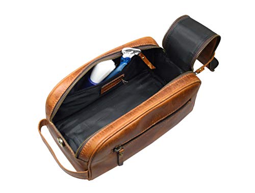 10" Premium Leather Toiletry Travel Pouch With Waterproof Lining | King-Size Handcrafted Vintage Dopp Kit By Aaron Leather Goods (Caramel - Dual Zipper)
