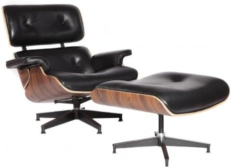 MCM Eames Style Lounge Chair with Ottoman Stool (Black) - High Quality Aniline Leather and Palisander Plywood - HS021BL12