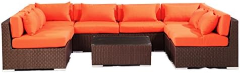 Kardiel  Espresso Wicker Outdoor Garden Furniture Modern Sofa Sectional Modify-It Aloha Oahu 9 Piece Set, Orange