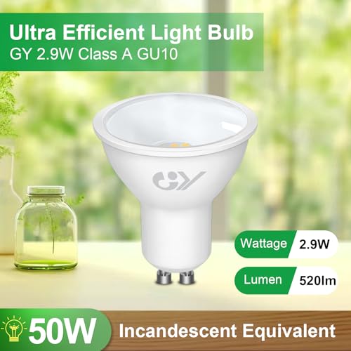GY GU10 2.9W Class A Ultra Energy Efficient LED Bulb 3000K Warm White,520LM Energy Saving Equivalent 50W,100 ° Light Angle,Non-Dimmable,Pack of 10