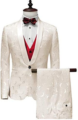 YBang Men's 3 Pcs Suit Shawl Lapel Classic Patterned Wedding Blazer Vest Pants