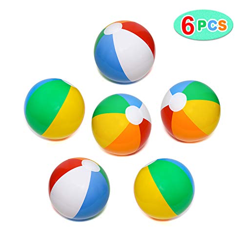 Rainbow Beach Ball, 9" Inflatable Neon Colored Party Ball, Multicolored Beach & Pool Summer Fun Toys(6 Pack)