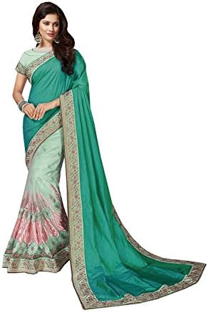 Fashions Trendz Indian Sarees For Women Wedding Designer Party Wear Dark+Light Sea Green Art Silk+Net Sari In Dark+Light Sea Green Art Silk+Net