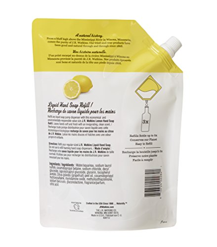 J.R. Watkins Liquid Hand Soap Refill Pouch, Lemon, 6 Count