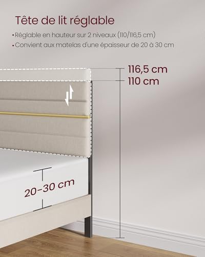 Lit Double, Cadre de Lit, Convient pour Un Matelas de 160 x 200 cm, Tête de Lit Rembourrée Ajustable, en Métal, Bois Massif, Moderne, Beige Cappuccino RMB505LH01