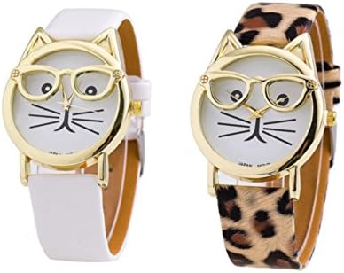 Accesari 2 Pack Women's Gold Tone Cat Glasses Analog Quartz Watch, PU Leather (Leopard Print and White)