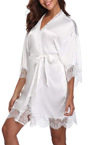 sunshinemall Womens Lace Trim Satin Bathrobe Kimono Nightgown Bridal Robe White