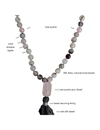Live Radiantly 108 Mala Bead Collar   0.315 in de sombra de viento ágata y piedras de cuarzo rosa   cuentas de cuarzo rosa Guru   borla de seda Sari   meditación, sensibilidad, yoga   Mala a tierra, equilibrio y armonización