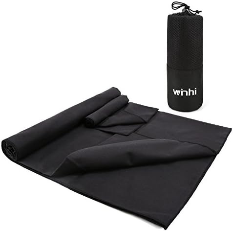 WINHI 2 Pack Microfiber Towel Set, XL Absorbent/Quick Drying/Antibacterial Swimming Towel Set (60"32") with Hand/Face Towel (14"14") + Mesh BAG for Swimming, Travel, Beach, Yoga or Bath (Black)