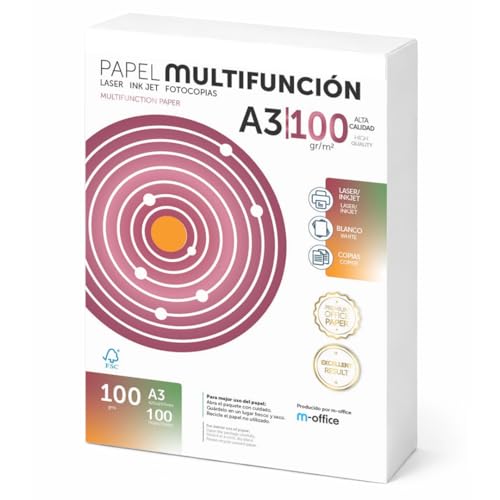 Folios A3 100g 100 Hojas Papel Multiusos Impresora Laser e Inyeccion de Tinta Copiadora para Oficina Suministros Escolares Paquete de Hojas m-office (100 Hojas 100g)