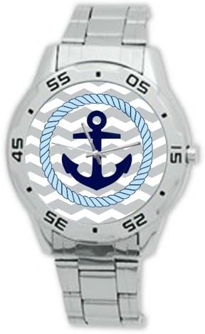 Fashion Design Chevron Pattern with Nautical Anchor Stainless Steel Men's Watch