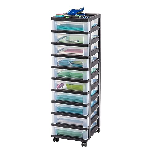 IRIS USA Organizadores de Manualidades y Almacenamiento, Carro de Almacenamiento con Ruedas para Suministros de Aula, Organizador Superior de Cajones para Piezas Pequeñas, 10 Cajones, Negro