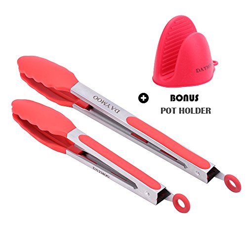 DAYMOO Stainless Steel Kitchen Tongs Set, Heat Resistant Metal Locking Food Tongs with Silicone Tips for Barbecue Salads,Grilling,Serving and Fish Turning