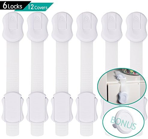 Baby Safety Locks - 6 Pack Child Proof Cabinet Locks with 3M Adhesive - Adjustable Strap Latches to Drawer,Fridge,Toilet,Appliances,Child Lock with 12 Outlet Covers Free