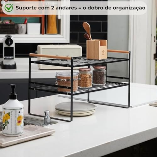 Prateleira Organizadora de Cozinha 2 Andares 33x33x20cm | Organizador de Armário Aramado em Metal Resistente com Cabo de Madeira Antiferrugem para Louças e Utensílios (Preto)