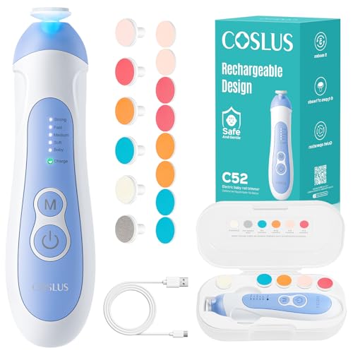 COSLUS C52 Baby Nail Trimmer Rechargeable: CPC Certified & Quiet Design - Gentle Baby Nail File for Trimming, Electric Baby Nail Kit with 5 Modes & 6 Grinding Heads for Infant toddler Kid, Baby Blue