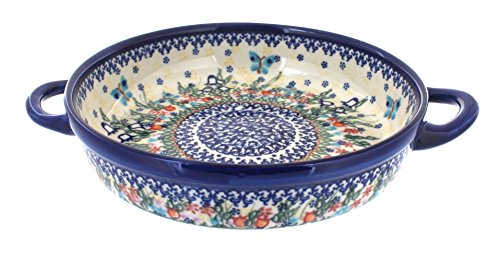 Click Here to See More Images Blue Rose Polish Pottery Garden of Eden Small Round Baker with Handles