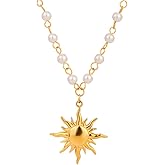 Sun Charm Necklace for Women Gold-Tone Plated Boho Pendant Adjustable Stainless Steel Choker with Pearl Accents Celestial Wedding Valentine Sunshine Jewelry Unique Present for Best Friend
