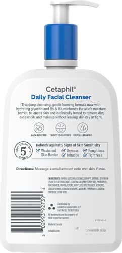 CETAPHIL FACE WASH, DAILY FACIAL CLEANSER FOR SENSITIVE, COMBINATION TO OILY SKIN, 20 OZ, GENTLE FOAMING, SOAP FREE, HYPOALLERGENIC