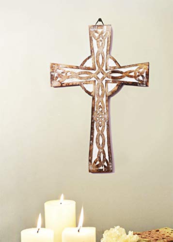 The StoreKing Wooden Wall Cross Plaque 15" Long Hanging with Hand Carvings Religious Altar Home Living Room Decor