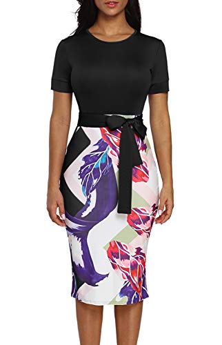 HUUSA Womens Black Party Pencil Wedding Dresses Work Casual Office Midi Dresses Oneck Patchwork Knee Length Dress XL Black