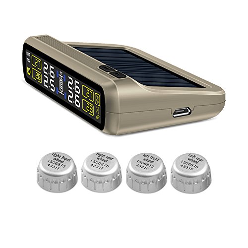 Catinbow TPMS Tire Pressure Monitoring System, Solar Power DIY Tire Pressure Gauge with 4 External Sensors Automotive Wireless Connection Real-Time Tire Pressure Monitor for Vehicle (Gold)