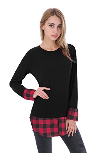 Welkomdream Womens Plaid Tunic Tops Fall Long Sleeve Patchwork Sweatshirts