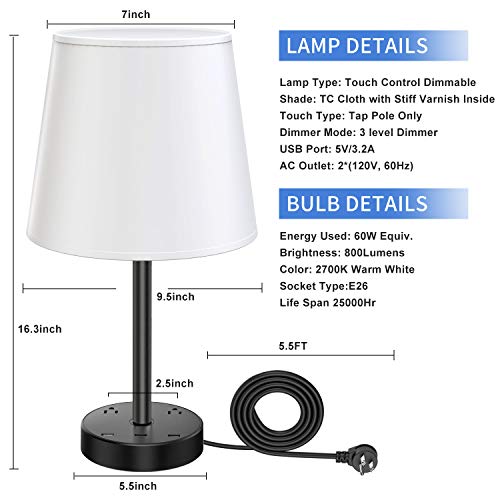 Touch Control Table Lamp Touch Lamp with USB Ports and Outlets, 3 Way