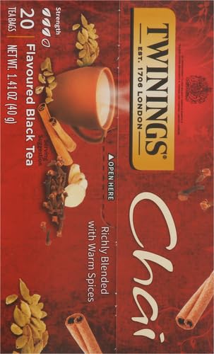 TWININGS CHAI BLACK TEA INDIVIDUALLY WRAPPED BAGS, 20 COUNT (PACK OF 1), SWEET, SAVOURY SPICES, CAFFEINATED, ENJOY HOT OR ICED, 20 TEABAGS