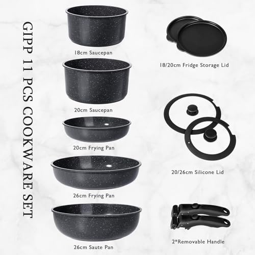 GiPP Ceramic Coating Pots and Pans Set Non Stick, 11Pcs Detachable Handle Cookware Sets, Non Toxic Induction Kitchen Pot and Pan with Removable Handle, Healthy RV Cookware, Dishwasher＆Oven Safe Grey