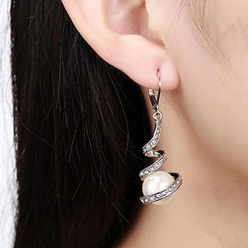 Gyoume Women's Earrings Pearl Studded Spiral Design Zircon Hoop Drop Earrings Jewelry Party Earring (White Gold)