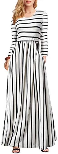 Seanrui Women's Casual Striped Long Sleeve Loose Plain Maxi Dresses with Pockets