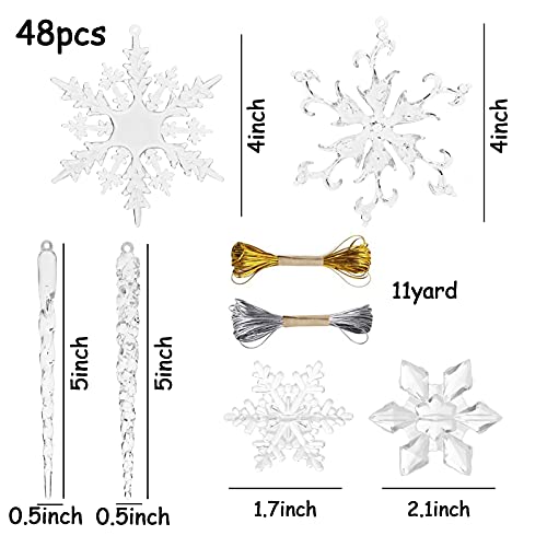VGOODALL 48pcs Christmas Snowflake Icicle Decorations, Snowflake Icicles Ornaments Set Acrylic Christmas Ornaments for Christmas Tree Outdoor Party Decoration Craft Projects