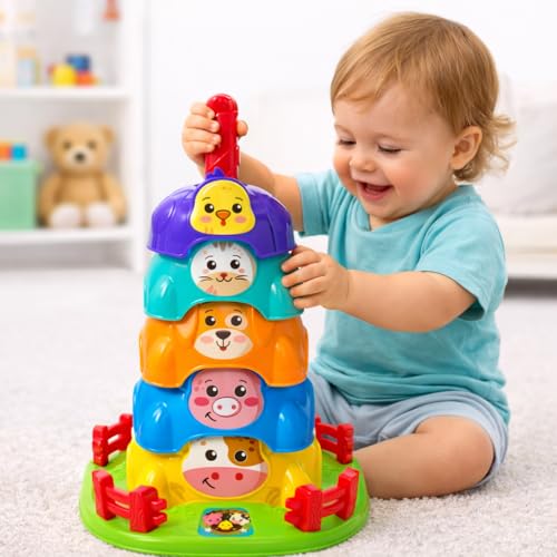 Brinquedos Para bebe Torre Giratória Fazendinha com Animais Brinquedo Educativo de Girar e Empilhar Estimula Coordenação Motora e Percepção Visual Brinquedo para Bebês +12 Meses