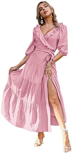 Eteviolet Women's Elegant Casual Maxi Wrap Dress Ruffle V Neck 3/4 Sleeve  Backless Belted Long Dress for Wedding Guest, A2-pink, Small price in UAE |  Amazon UAE | kanbkam