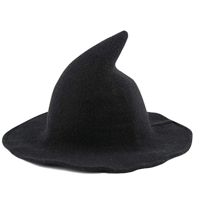 Women Witch Hat Halloween Costume Black Wizard Hat Wool Knitted Cap for Party Cosplay Costume Masquerade Hats Caps Fancy Dress Headwear Hats for Adults Halloween Witch Hats Wide Brim Pointed Cap