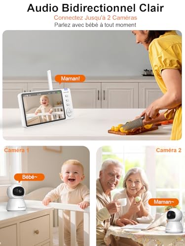 Babyphone Caméra Vidéo 5" HD sans WiFi, Surveillance Bébé PTZ 355° Zoom 4X, Portée 300m, Mode VOX 100 H Autonomie, Vision Nocturne, Audio Bidirectionnel, Alertes Température et Pleurs