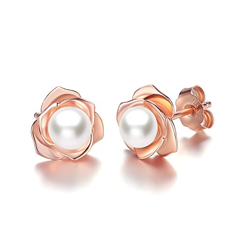 PORTWORLD Rose Gold Flower with Freshwater Cultured Pearl Stud Earrings for Women Girls