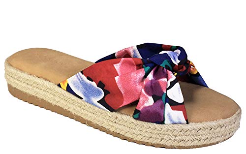 BAMBOO Women's Knotted Cross Band Espadrilles Platform Slide Sandal, Blue Printed Fabric, 5.5 B (M) US - Thumbnail 2