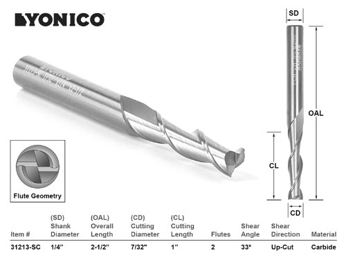 Yonico 31213-SC CNC Router Bit Up Cut Solid Carbide with 7/32-Inch X 1-Inch X 1/4-Inch X 2-1/2-Inch 1/4-Inch Shank