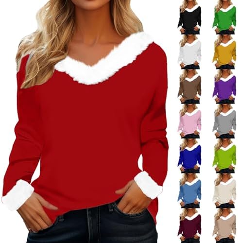womens sweatshirts uk,Christmas Jumpers for Women Winter Fall Costume Plush Pullover Top Casual Loose Fit Long Sleeve V-Neck Elegant Tunic Tops Oversized Sweatshirts Outfit,womens jumper,S 1-Red