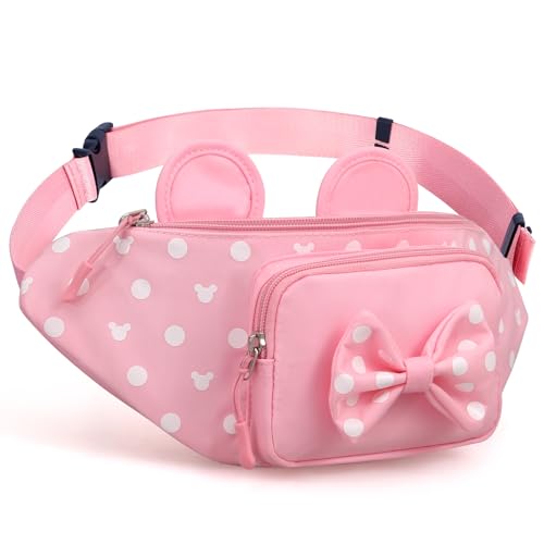 Cute Pink Fanny Pack for Girls Kids Travel Waist Pack Bowknot Polka Dot Mini Mouse Fanny Packs Teen Girls Cartoon Belt Bag Hiking Bum Bags Outdoor Waist Bag with Mouse Ears