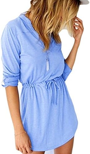 FASHION PARK Stylish Women's Casual V Neck Long Sleeve Short Dress with Belt (LLight Blue)