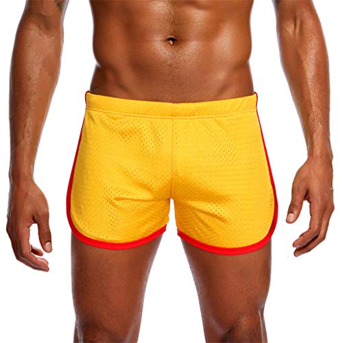 Men's Fitted Dolphin Shorts Gym Bodybuilding Workout Running Tight Lifting Jogger Mesh Boxing Shorts (Yellow, L) - Thumbnail 3