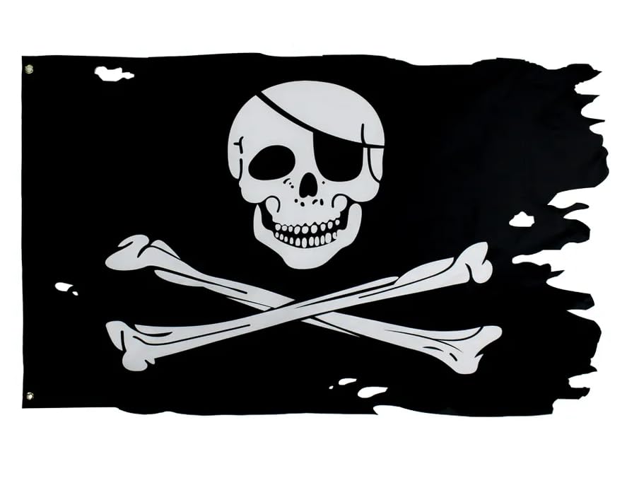 3×5 FT Pirate Flag, Skull and Crossbones, Torn/Irregular Shape Large Polyester Party with Brass Eyelets/Grommets, Funny Pirate Ship Jolly Roger Halloween Banner