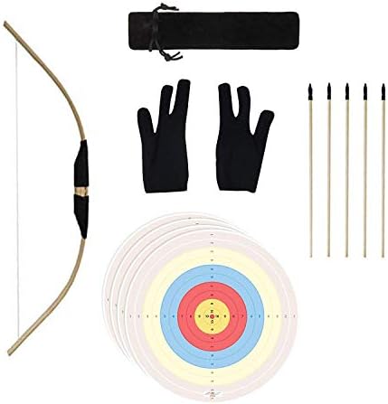 Shootingtoy Complete Archery Set for Kids&Beginners-Handcrafted Wooden Bow,5 pcs Safety Rubber Tip Arrow, Fabric Quiver, Finger Glove, 5 Pcs Target Paper for Outdoor Play