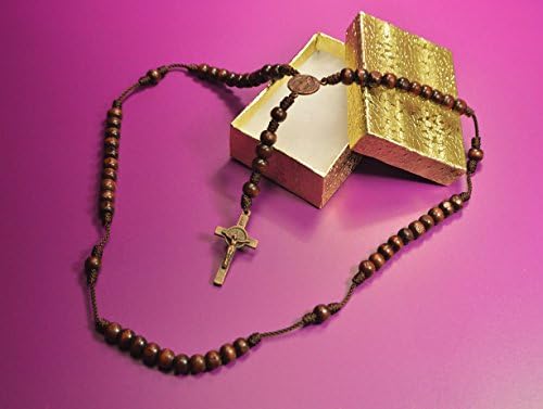 St. Benedict Round Wood Beads & Brown Cord Rosary Handmade By Nuns