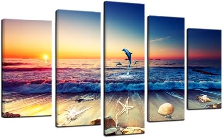 Hua Dao Art -GW0053 Canvas Prints Framed Canvas Wall Art for Home Decor Perfect 5 Panels Wall Seascape, Beach, Shells, Scenery Decorations for Living Room Bedroom Office Each Panel (Blue)