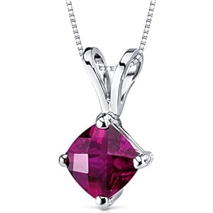 Peora Solid 14K White Gold Created Ruby Pendant for Women, Classic Solitaire, Cushion Cut, 6mm, 1 Carat total